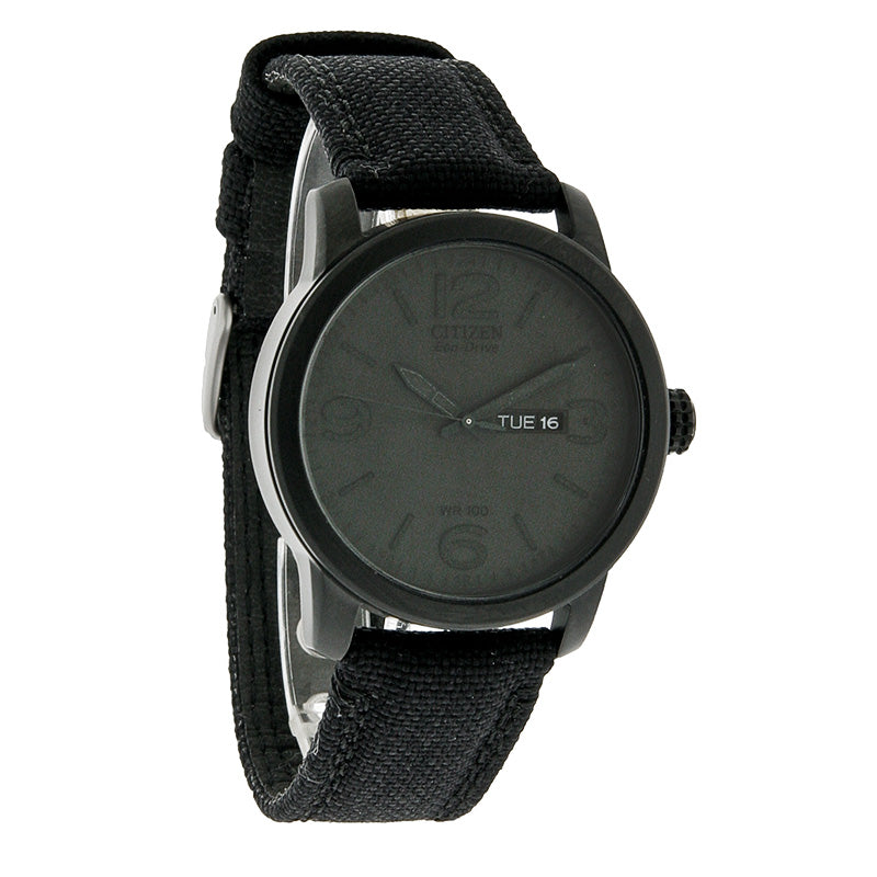 Citizen Eco-Drive Mens Black ION Finish Day/Date Canvas Strap Watch BM8475-00F