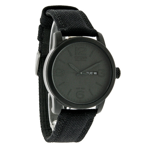 Citizen Eco-Drive Mens Black ION Finish Day/Date Canvas Strap Watch BM8475-00F