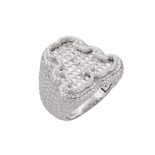 S.Silver Round Baguette Moissanite Albhabet A letter Initial SZ 10 Mens Ring RP 7-5/8 Cttw