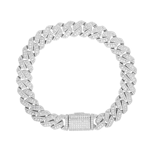 S.Silver Round Big Stone in Center Surrounded with Small Stones 10mm Moissanite Cuban Chain 8Inch Bracelet RP 6-7/8 Cttw