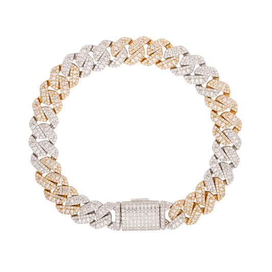 S.Silver Round Big Stone in Center Surrounded with Small Stones 10mm Moissanite Cuban Chain 8 Inch Bracelet RP+GP 6-7/8 Cttw