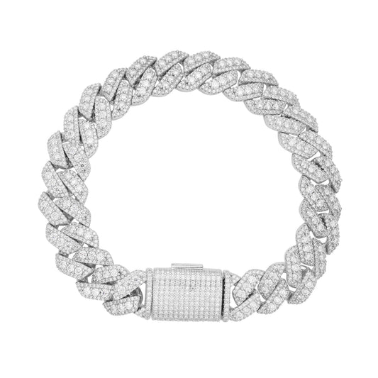 S.Silver Round Big Stone in Center Surrounded with Small Stones 12mm Moissanite Cuban Chain 8Inch Bracelet RP 10-7/8 Cttw