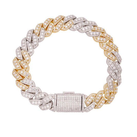 S.Silver Round Big Stone in Center Surrounded with Small Stones 12mm Moissanite Cuban Chain 8Inch Bracelet RP+GP 10-7/8 Cttw