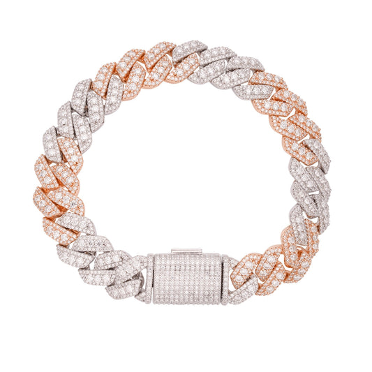 S.Silver Round Big Stone in Center Surrounded with Small Stones 12mm Moissanite Cuban Chain 8Inch Bracelet RP+PP 10-7/8 Cttw