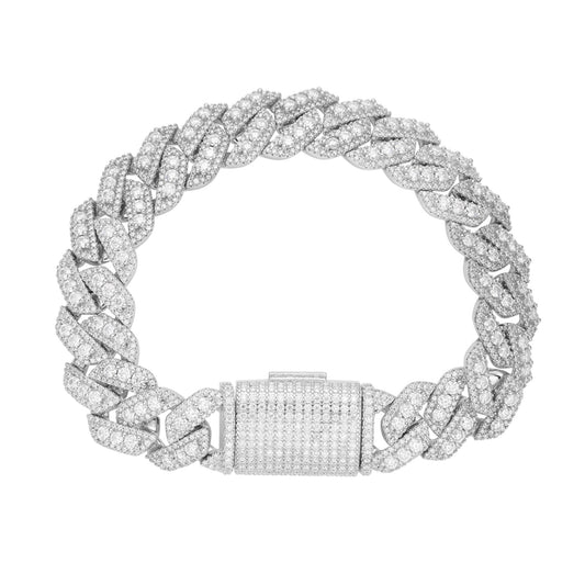 S.Silver Round Big Stone in Center Surrounded with Small Stones 14mm Moissanite Cuban Chain 8Inch Bracelet RP 12-3/4 Cttw