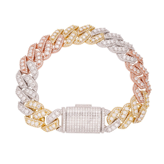 S.Silver Round Big Stone in Center Surrounded with Small Stones 14mm Moissanite Cuban Chain 8Inch Bracelet RP+GP+PP 12-3/4 Cttw