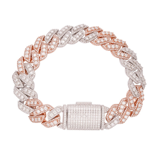 S.Silver Round Big Stone in Center Surrounded with Small Stones 14mm Moissanite Cuban Chain 8Inch Bracelet RP+PP 12-3/4 Cttw