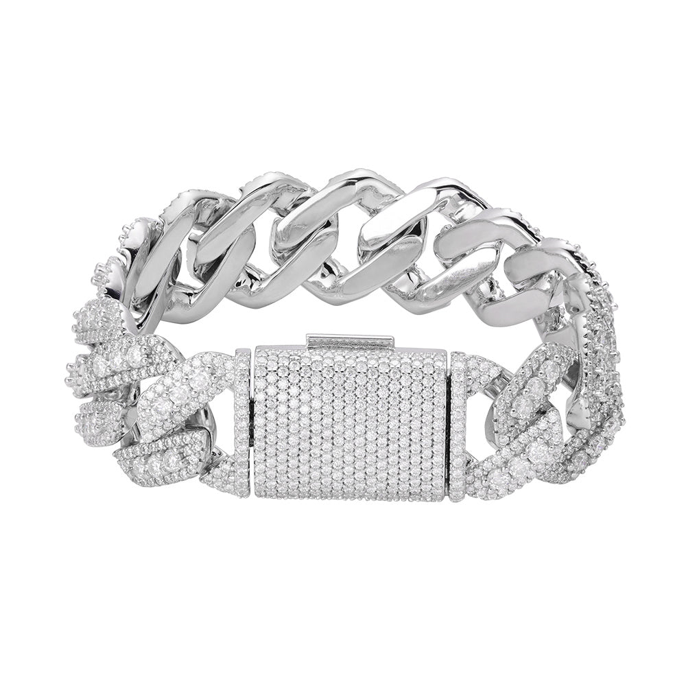 S.Silver Round Big Stone in Center Surrounded with Small Stones 20mm Moissanite Cuban Chain 8 Inch Bracelet RP 19-7/8 Cttw
