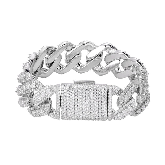 S.Silver Round Big Stone in Center Surrounded with Small Stones 20mm Moissanite Cuban Chain 8 Inch Bracelet RP 19-7/8 Cttw