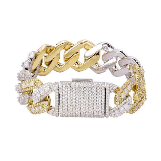 S.Silver Round Big Stone in Center Surrounded with Small Stones 20mm Moissanite Cuban Chain 8Inch Bracelet RP+GP 19-7/8 Cttw