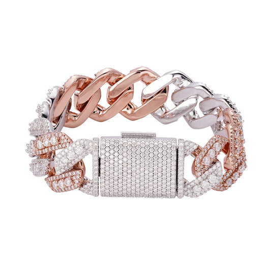 S.Silver Round Big Stone in Center Surrounded with Small Stones 20mm Moissanite Cuban Chain 8Inch Bracelet RP+PP 19-7/8 Cttw