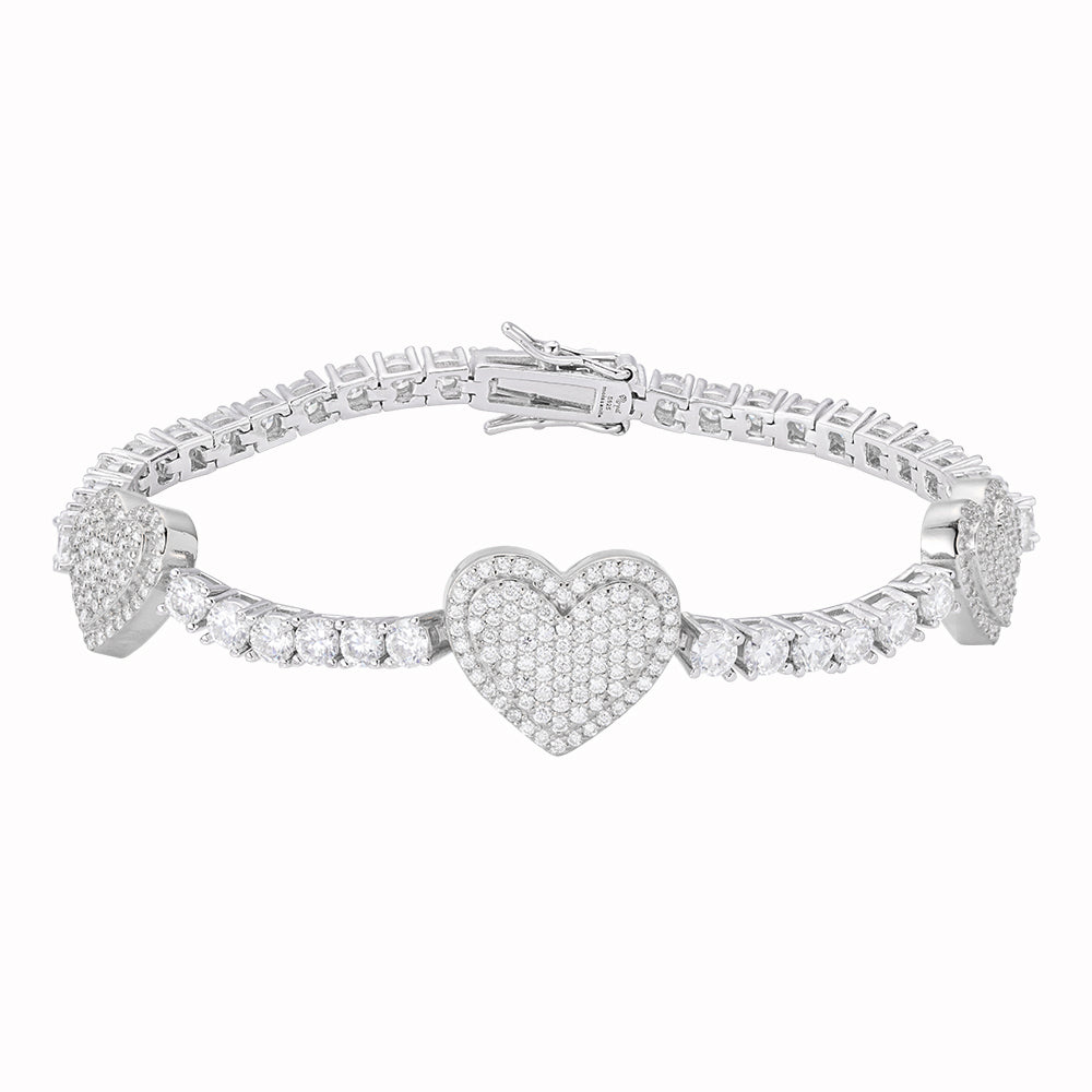 S.Silver Round Moissanite 15mm Heart Designer With 3mm Tennis Chain 7 Inch Bracelet RP 1-1/8 Cttw