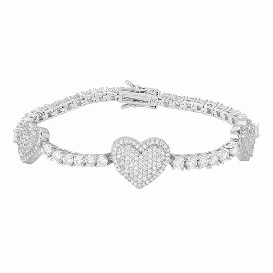S.Silver Round Moissanite 15mm Heart Designer With 3mm Tennis Chain 7 Inch Bracelet RP 1-1/8 Cttw