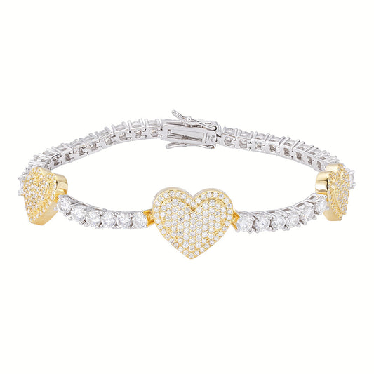 S.Silver Round Moissanite 15mm Heart Designer With 3mm Tennis Chain 7 Inch Bracelet RP+GP 1-1/8 Cttw