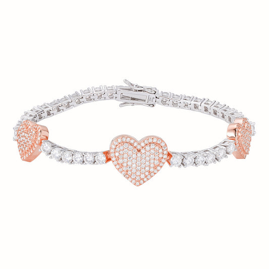 S.Silver Round Moissanite 15mm Heart Designer With 3mm Tennis Chain 7 Inch Bracelet RP+PP 1-1/8 Cttw