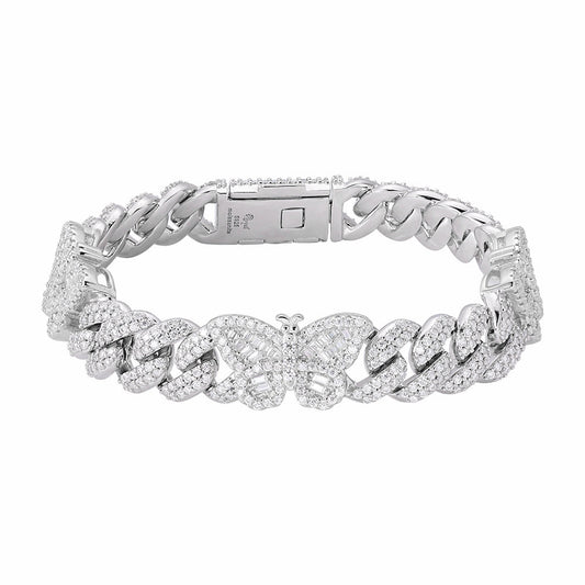 S.Silver Round Baguette Moissanite Butterfly Designer 7 Inch Bracelet RP 5-3/4 Cttw
