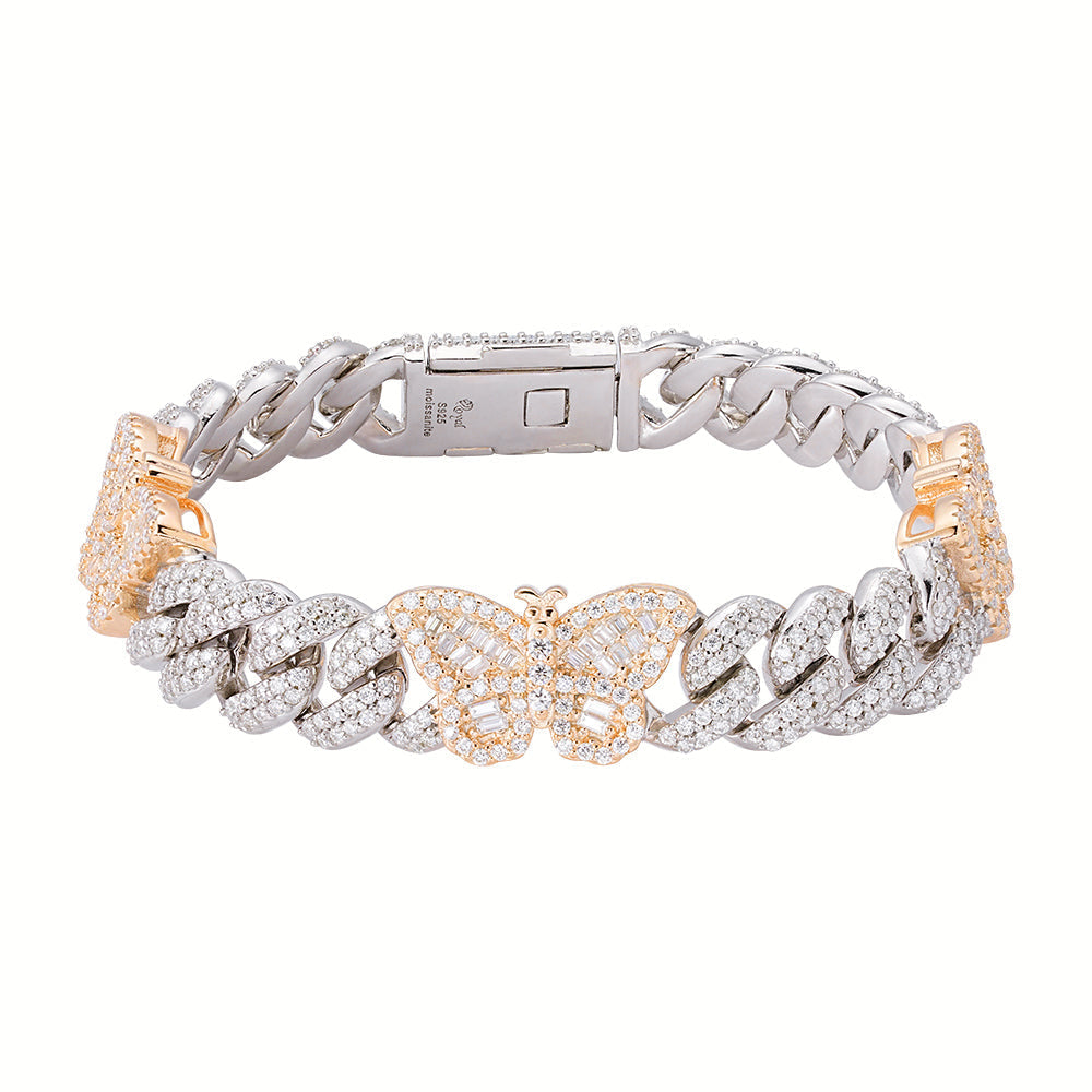 S.Silver Round Baguette Moissanite Butterfly Designer 7 Inch Bracelet RP+GP 5-3/4 Cttw