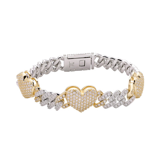 S.Silver Round Moissanite Cuban Heart Link Designer 7.5 Inch Bracelet RP+GP 5-5/8 Cttw