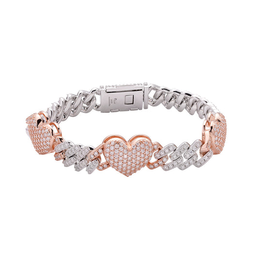S.Silver Round Moissanite Cuban Heart Link Designer 7.5 Inch Bracelet RP+PP 5-5/8 Cttw
