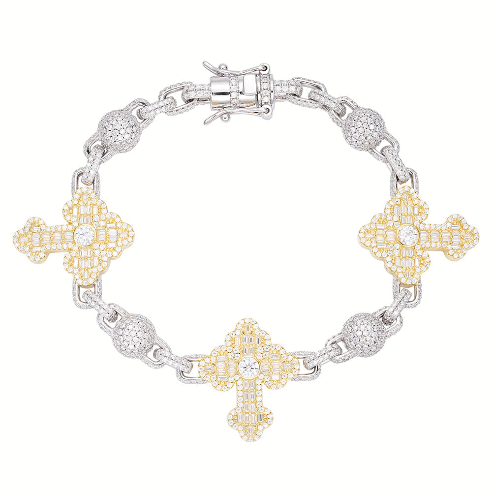 S.Silver Round Baguette Moissanite Cross Religious 8 Inch Bracelet RP+GP 10-1/6 Cttw