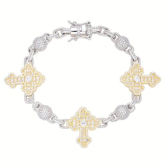 S.Silver Round Baguette Moissanite Cross Religious 8 Inch Bracelet RP+GP 10-1/6 Cttw