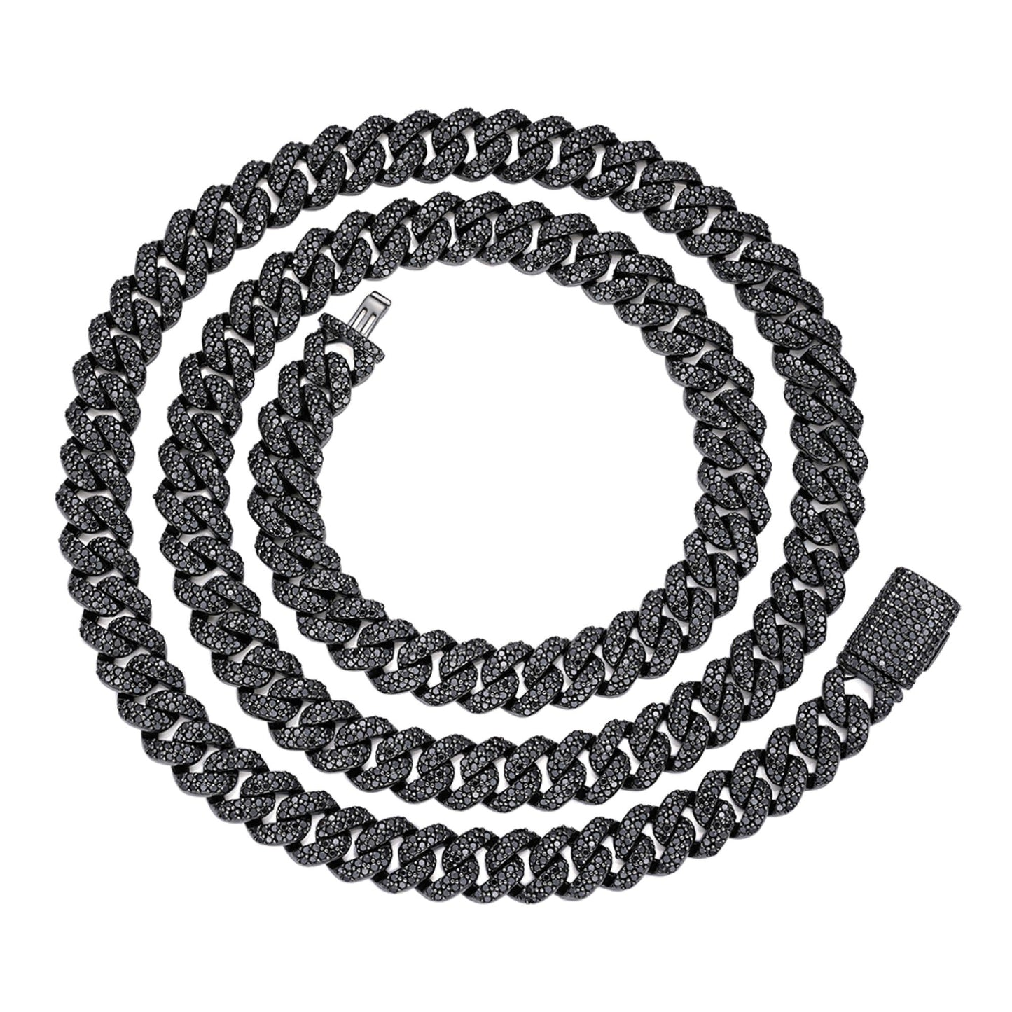 S.Silver 8mm Round Black Moissanite Miami Cuban Chain 22 Inch Mens Necklace BP+BP 13-3/4 Cttw