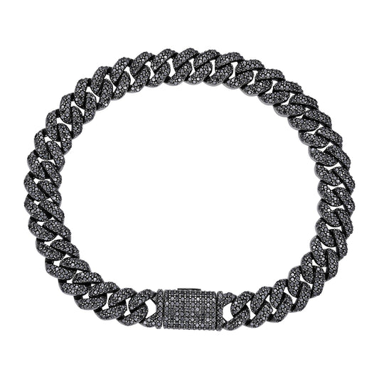 S.Silver 8mm Round Black Moissanite Miami Cuban 8 Inch Mens Bracelet BP+BP 5 Cttw
