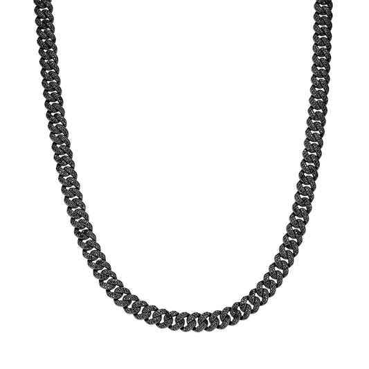 S.Silver 10mm Round Black Moissanite Miami Cuban Chain 22 Inch Mens Necklace BP+BP 13-5/8 Cttw