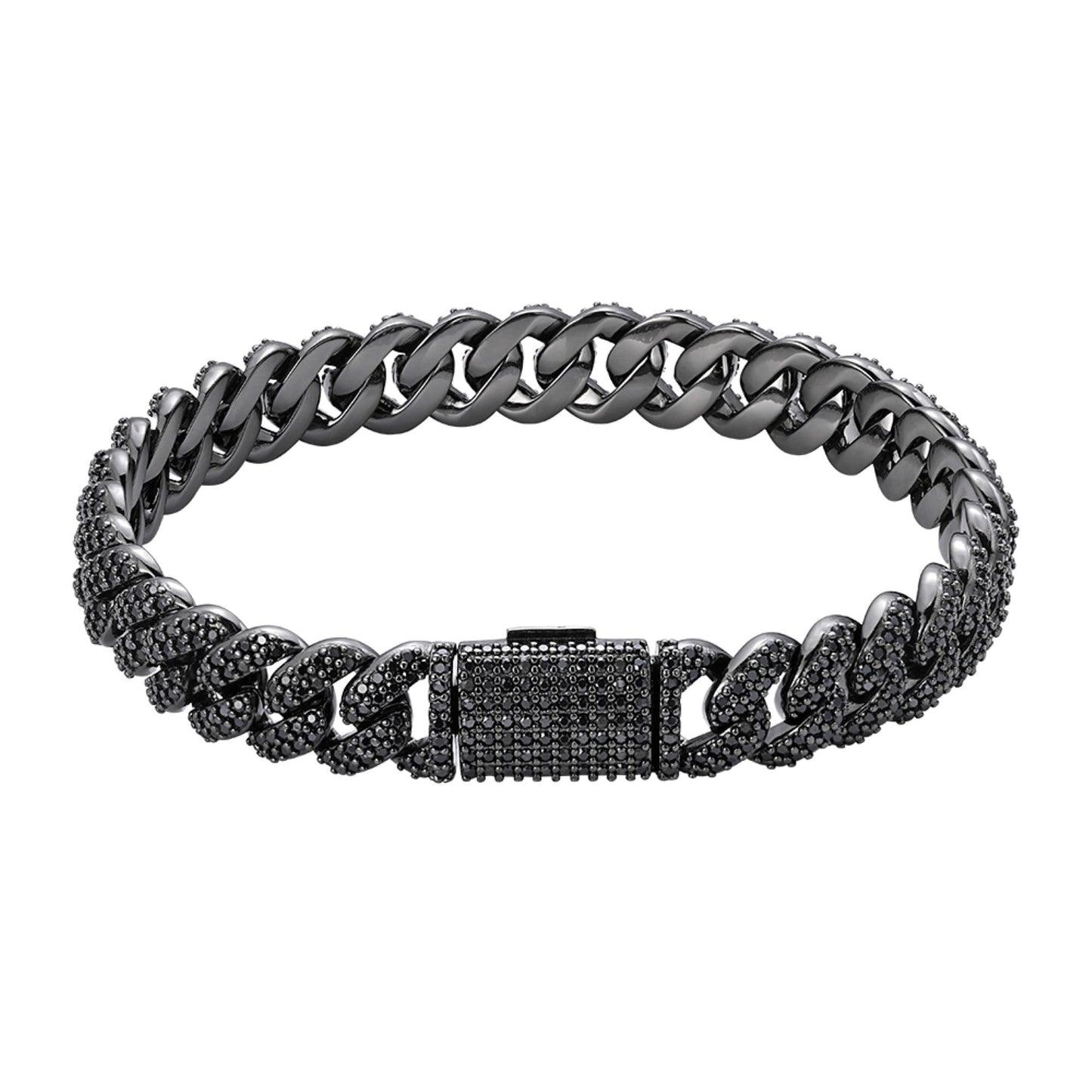 S.Silver 10mm Round Black Moissanite Miami Cuban 8 Inch Mens Bracelet BP+BP 5-1/10 Cttw