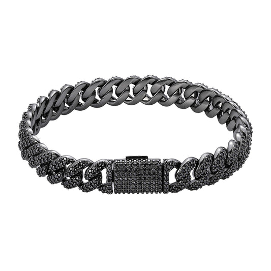 S.Silver 10mm Round Black Moissanite Miami Cuban 8 Inch Mens Bracelet BP+BP 5-1/10 Cttw