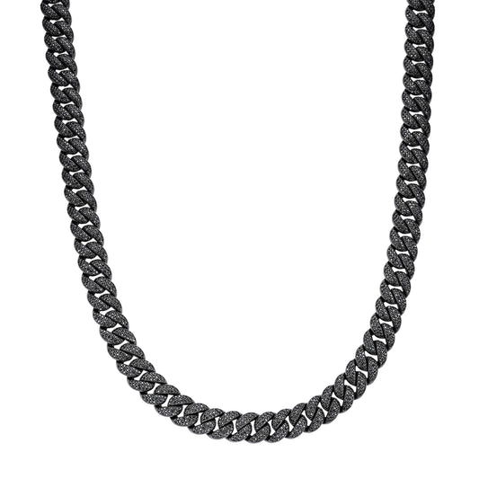 S.Silver 12mm Round Black Moissanite Miami Cuban Chain 22 Inch Mens Necklace BP+BP 19-5/8 Cttw
