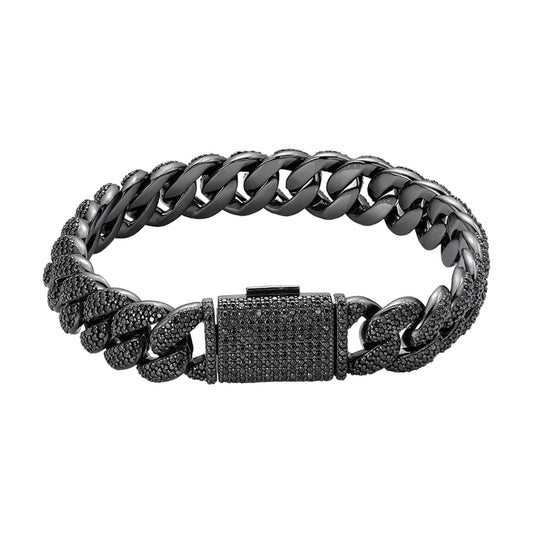 S.Silver 12mm Round Black Moissanite Miami Cuban 8 Inch Mens Bracelet BP+BP 7-3/4 Cttw