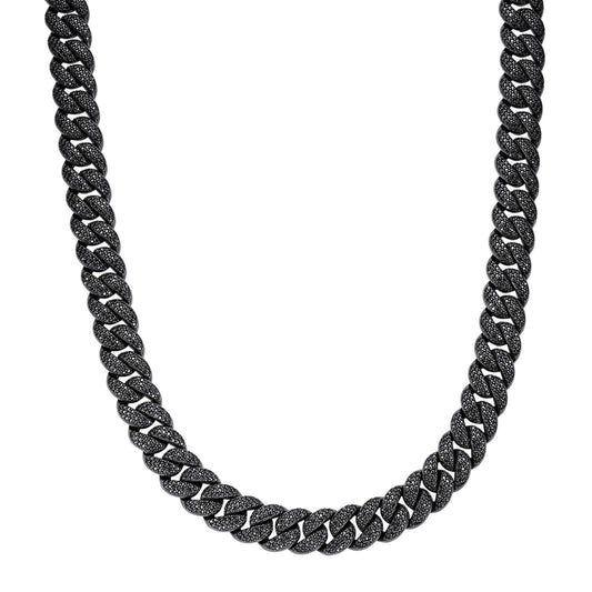 S.Silver 15mm Round Black Moissanite Miami Cuban Chain 22 Inch Mens Necklace BP+BP 27-1/3 Cttw