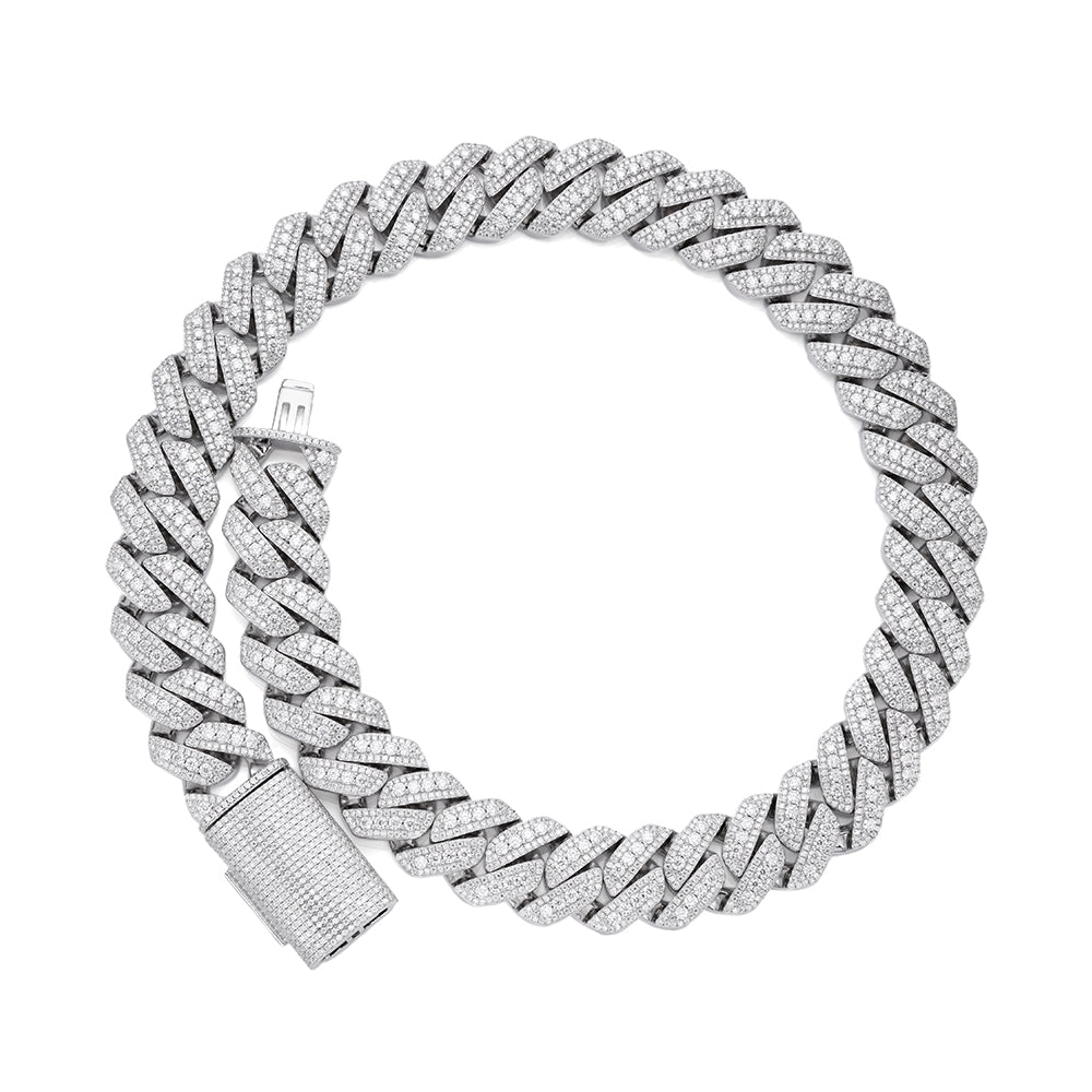 S.Silver Moissanite 20mm Three Stone Heavy Cuban Chain 22 Inch Necklace RP 46-1/10 Cttw