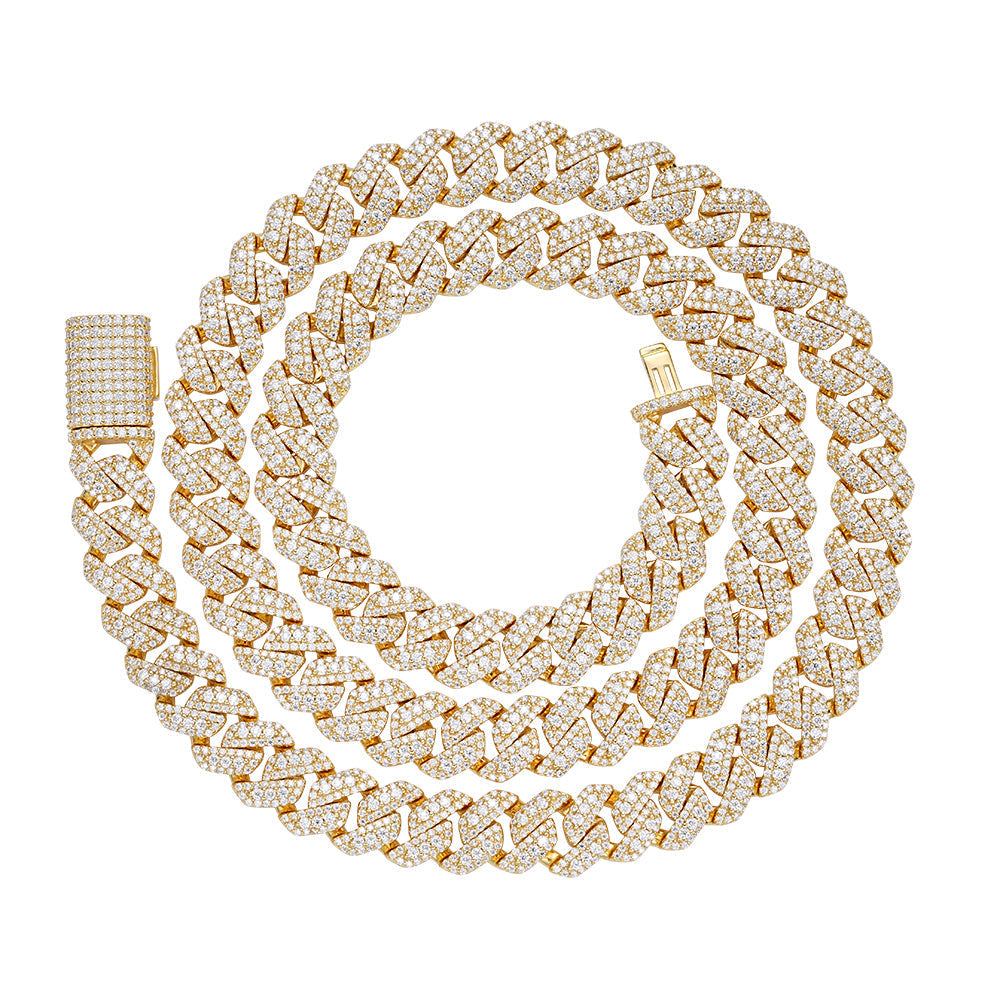 S.Silver Round Big Stone in Center Surrounded with Small Stones 10mm Moissanite Cuban Chain 22Inch Necklace GP 18-3/8 Cttw