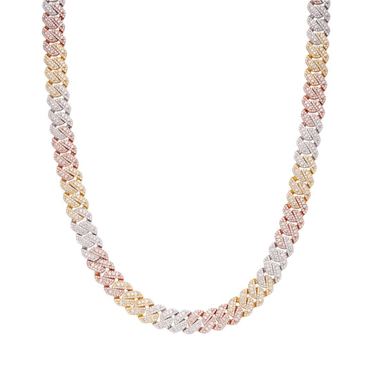 S.Silver Round Big Stone in Center Surrounded with Small Stones 10mm Moissanite Cuban Chain 22Inch Necklace RP+GP+PP 18-3/8 Cttw