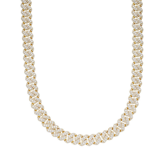 S.Silver Round Big Stone in Center Surrounded with Small Stones 12mm Moissanite Cuban Chain 22Inch Necklace GP 30 Cttw