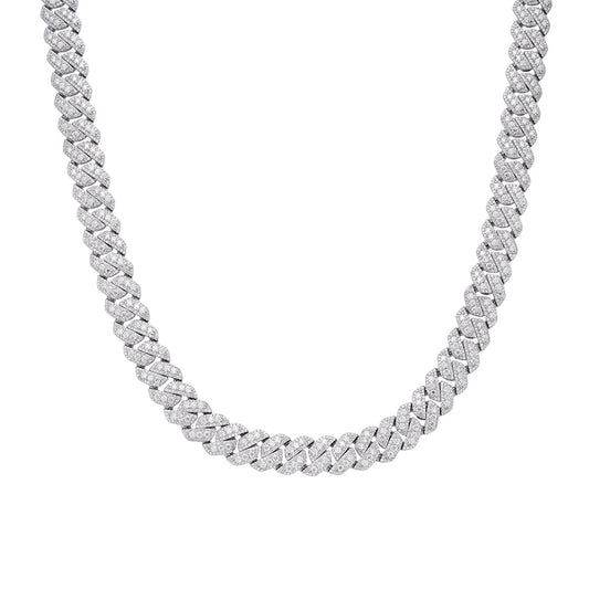 S.Silver Round Big Stone in Center Surrounded with Small Stones 12mm Moissanite Cuban Chain 22Inch Necklace RP 30 Cttw