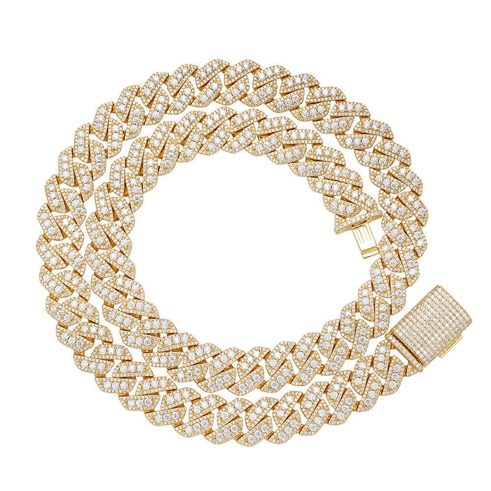 S.Silver Round Big Stone in Center Surrounded with Small Stones 14mm Moissanite Cuban Chain 22Inch Necklace GP 34 Cttw
