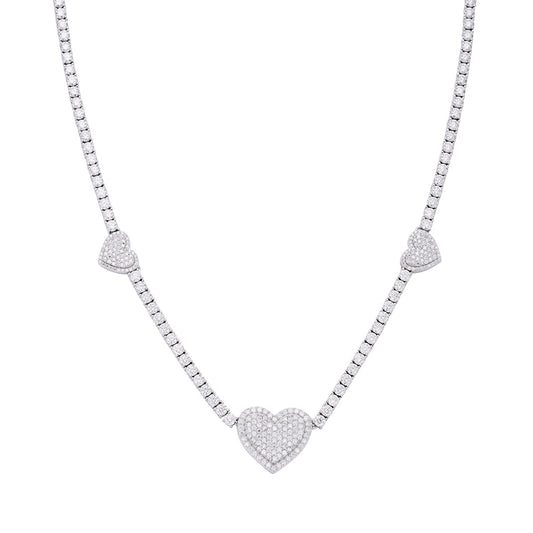 S.Silver Round Moissanite 15mm Heart Designer With 3mm Tennis Chain 18 Inch Necklace RP 1-1/3 Cttw