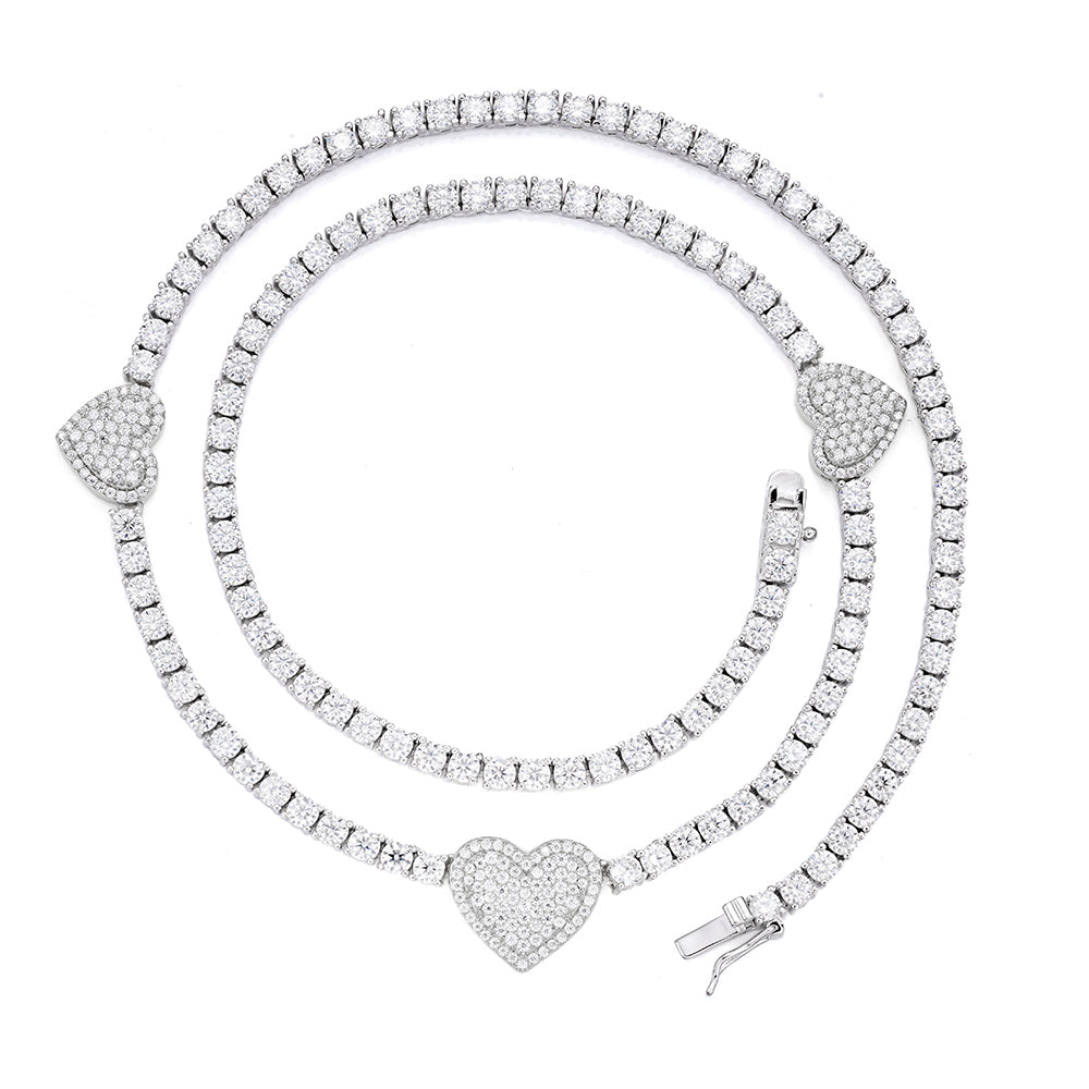 S.Silver Round Moissanite 15mm Heart Designer With 3mm Tennis Chain 18 Inch Necklace RP 1-1/3 Cttw