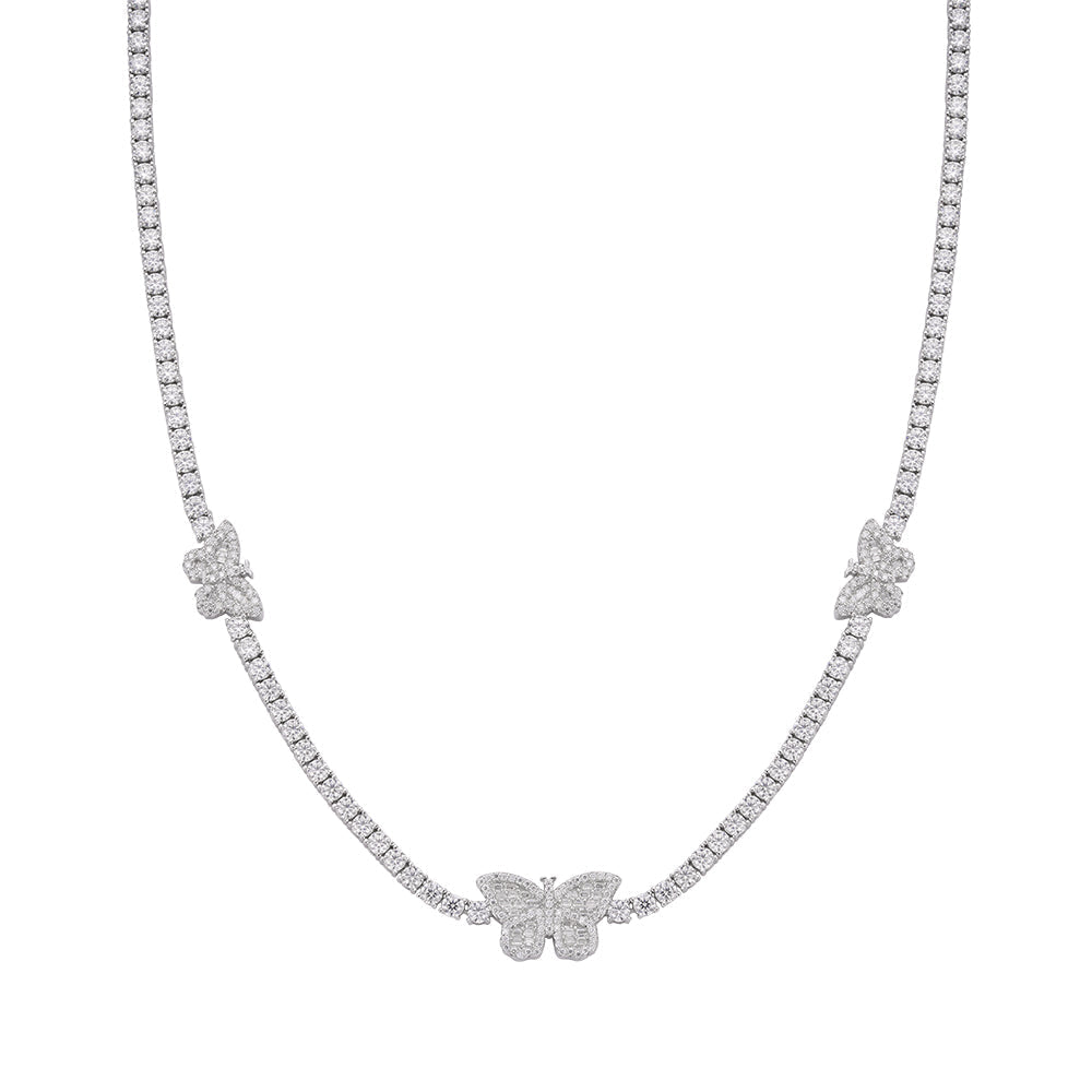 S.Silver Round Baguette Moissanite Butterfly Designer 18 Inch Necklace RP 1-5/8 Cttw
