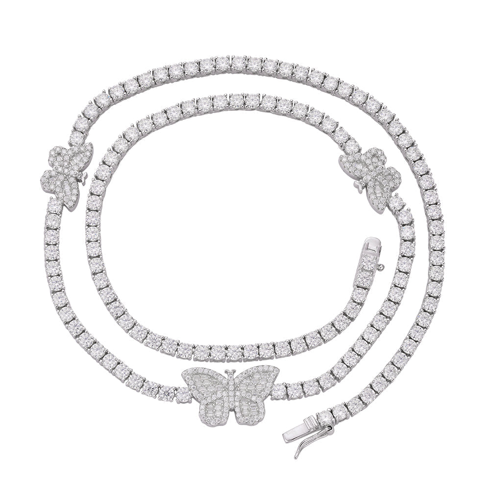 S.Silver Round Baguette Moissanite Butterfly Designer 18 Inch Necklace RP 1-5/8 Cttw