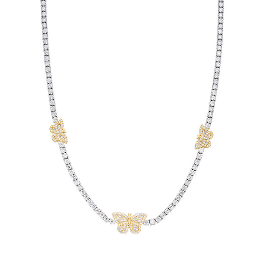 S.Silver Round Baguette Moissanite Butterfly Designer 18 Inch Necklace RP+GP 1-5/8 Cttw