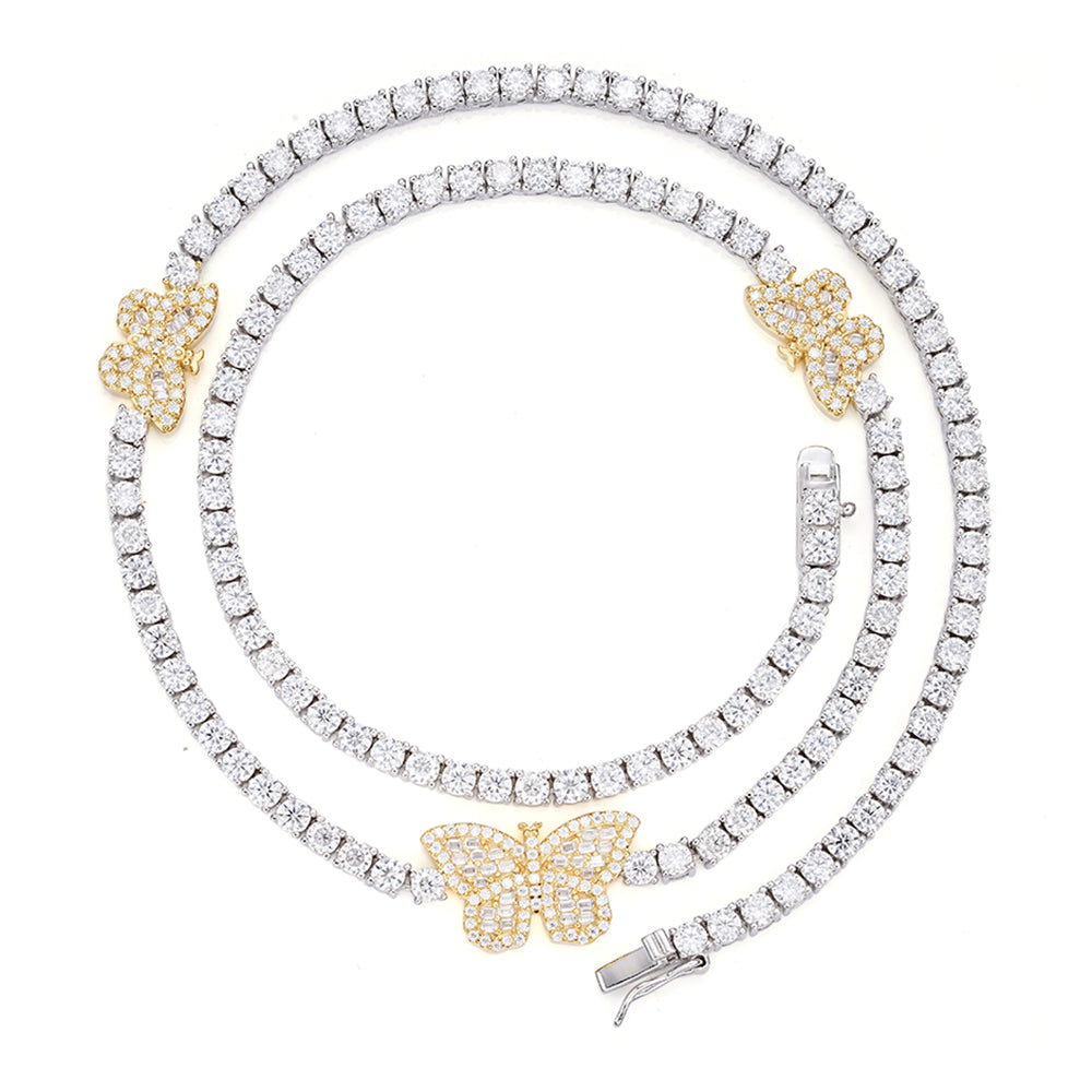 S.Silver Round Baguette Moissanite Butterfly Designer 18 Inch Necklace RP+GP 1-5/8 Cttw