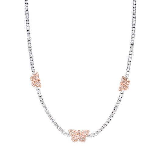 S.Silver Round Baguette Moissanite Butterfly Designer 18 Inch Necklace RP+PP 1-5/8 Cttw