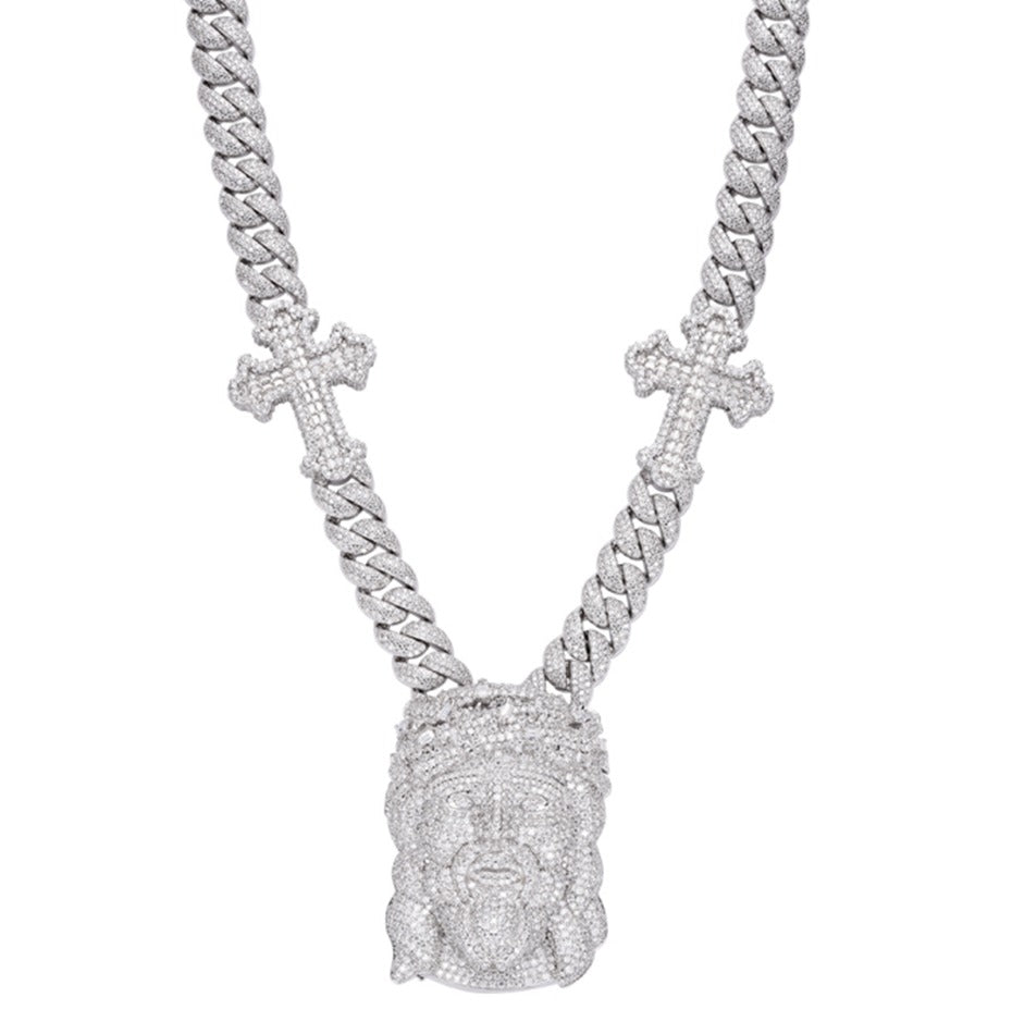 S.Silver Round Baguette Moissanite Jesus & Cross Cuban Designer 22Inch Necklace RP 38-1/2 Cttw