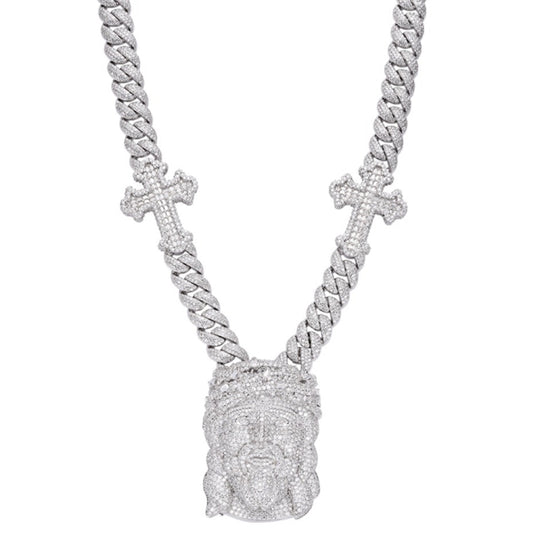 S.Silver Round Baguette Moissanite Jesus & Cross Cuban Designer 22Inch Necklace RP 38-1/2 Cttw