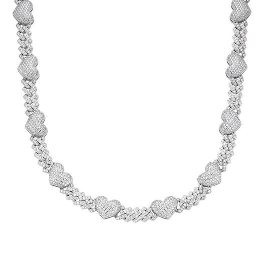 S.Silver Round Moissanite Cuban Heart Link Designer 18 Inch Necklace RP 15-1/2 Cttw