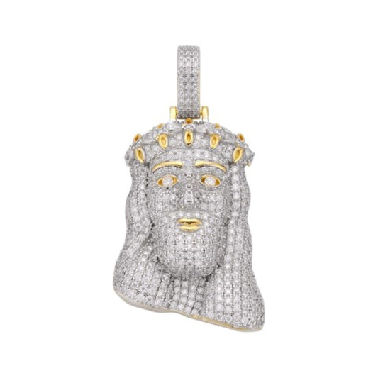 S.Silver Moissanite Jesus Face Religious Pendant RP+GP 3-1/3 Cttw